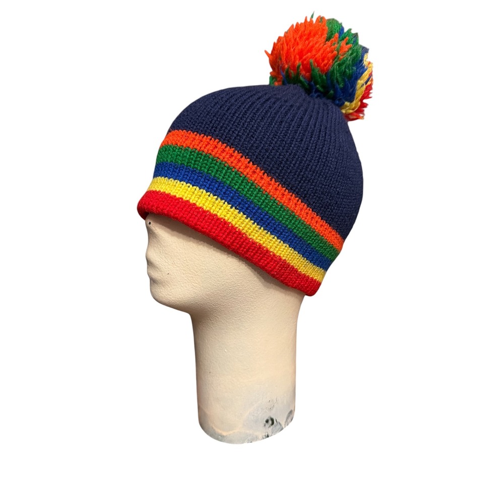 VTG The Mountain Lid Navy Rainbow Striped Knit Pom Beanie Hat Retro Ski aspen‎